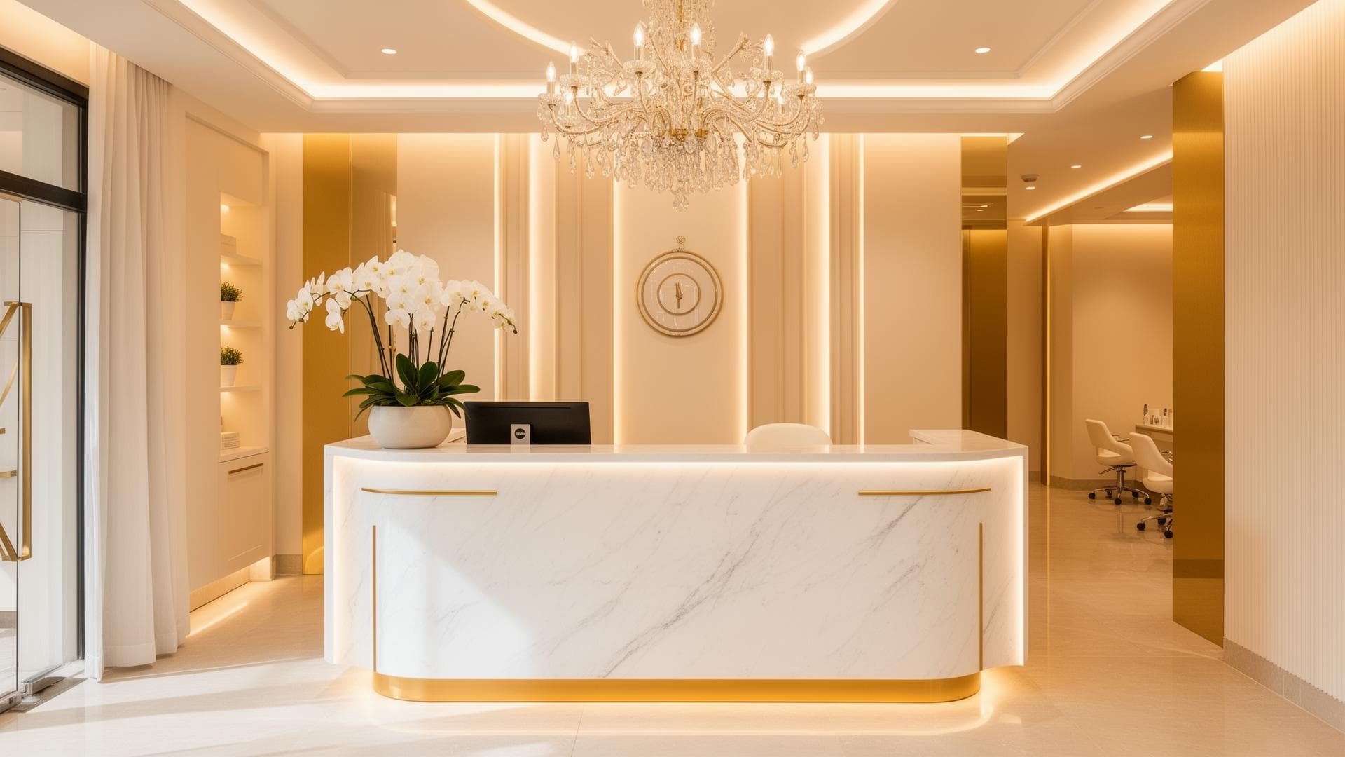 Golden Bloom reception with marble desk, gold accents and crystal chandelier
