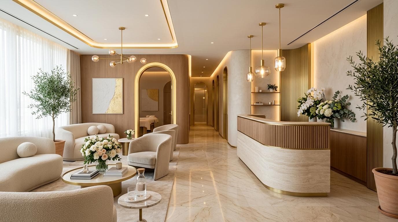 Lounge with arched doorway to treatment room