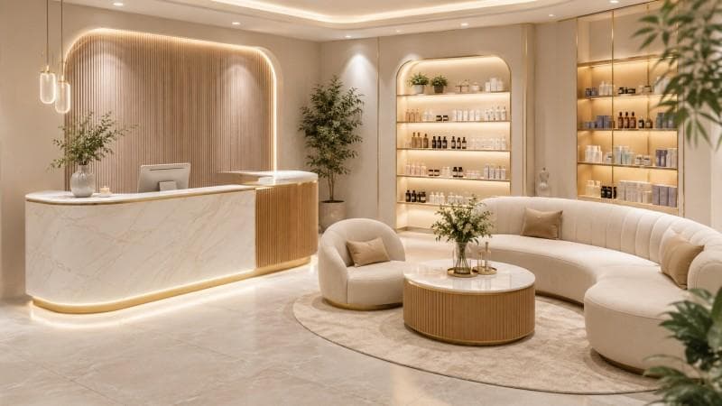 Reception desk and curved lounge seating